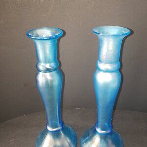 Vintage Dugan Pair Iridescent Blue Candlestick Holders